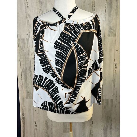 Chico’s Size 1 (US M) Off-Shoulder Long-Sleeve Top Black White Leaf - Picture 2 of 9